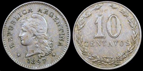 1897 Argentina 10 Centavos Capped Liberty Head Republic Coinage AU