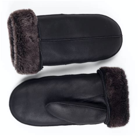 Mens Premium Shearling Sheepskin Leather Fur Mittens Black