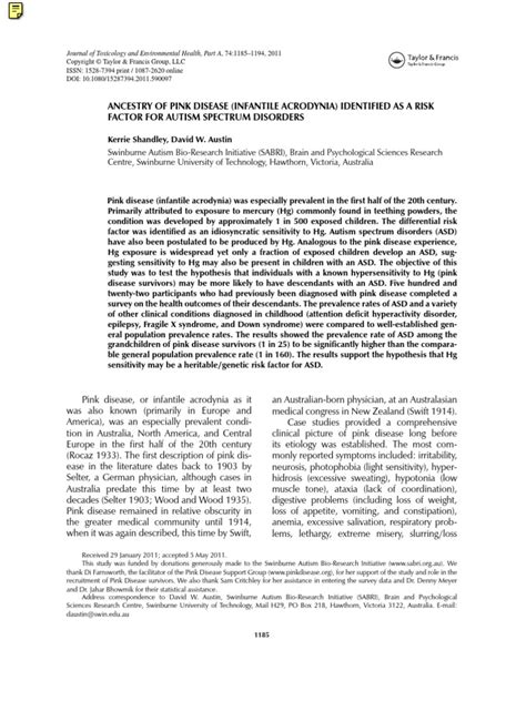 Acrodynia ASD in Survivor's FamiliesANCESTRY OF PINK DISEASE (INFANTILE ...