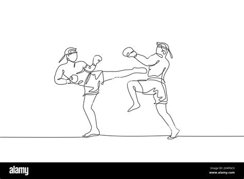 One Continuous Line Drawing Of Two Young Sporty Muay Thai Boxer Men