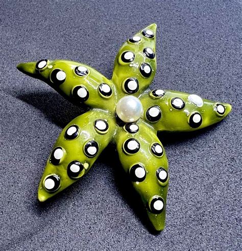 RARE Vintage Enamel Green Starfish Brooch Antique Pin Gem