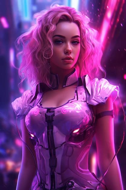 Premium Ai Image A Woman With Pink Hair And A Pink Headdress Stands In A Dark Purple And Pink