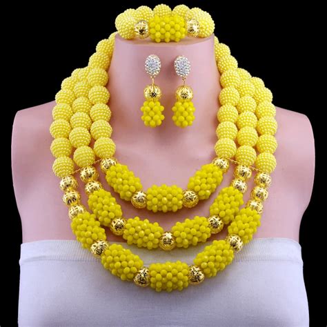 Fantastic Wedding Crystal Beads Yellow Jewelry Sets For African Women Bridal Indian Dubai Gold