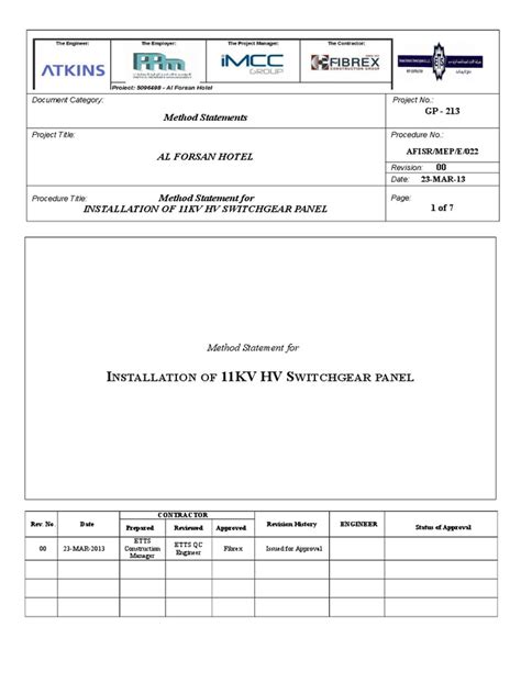 Method Statement Installation Of 11kv Hv Switchgear Panel Pdf