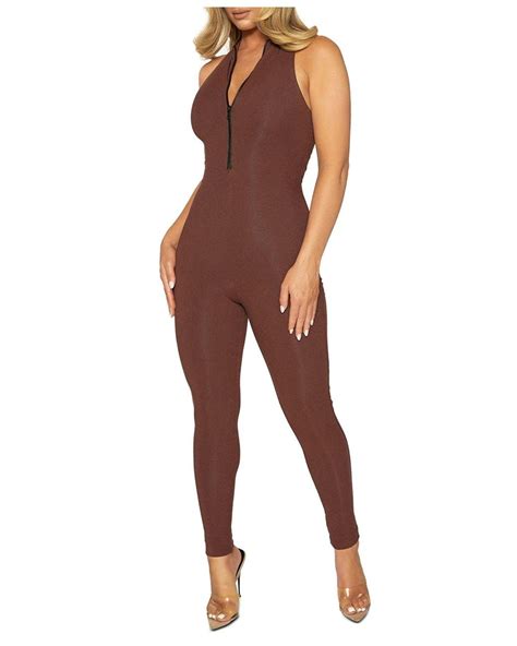 Naked Wardrobe Zipped Up Snatched Jumpsuit In Brown Lyst