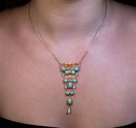 Art Nouveau Antique Turquoise Pearl Gold Necklace Ref 185431 Antique Jewelry Vintage Rings