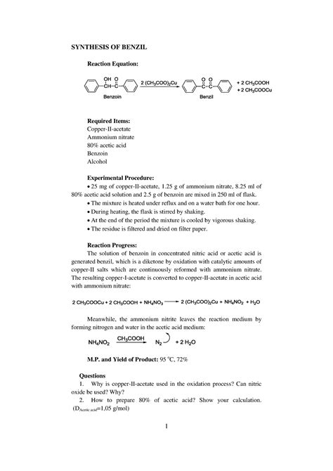 Synthesis of benzyl - 1 SYNTHESIS OF BENZIL Reaction Equation: Required ...