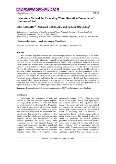 Pdf Laboratory Method For Estimating Soil Water Retention Properties