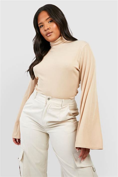 Beige Plus Rib Roll Neck Flare Sleeve Top Boohoo Uk