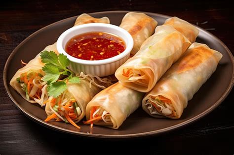 Premium Photo Asian Chicken Spring Rolls On Plate With Sauce