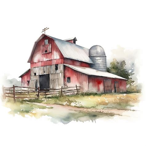 Premium AI Image Painting Of A Red Barn With A Silo And A Fence