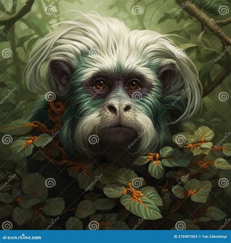 A Emperor Tamarin Head Wrapped In Green Leaves On A Background Of