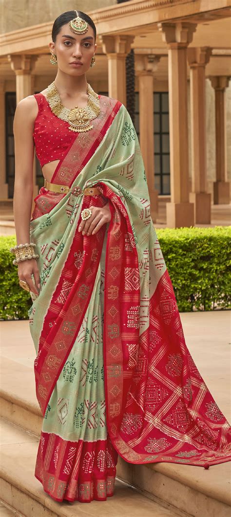 Bridal Green Red And Maroon Color Patola Silk Fabric Saree 1832521