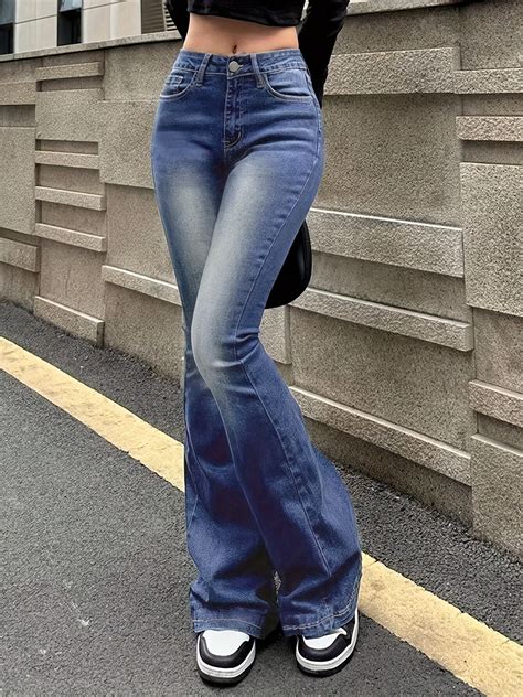 Elegant Washed Retro Flare Jeans Slim Fit High Stretch All Season