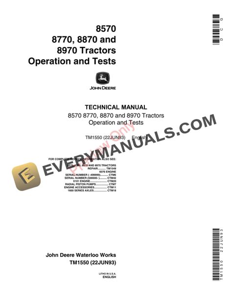 John Deere 8570 8770 8870 And 8970 Tractors Technical Manual Tm1550 22jun93