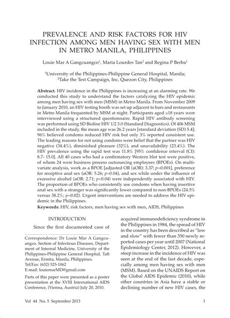 PDF Prevalence And Risk Factors For HIV Infection Among Men Having Sex With Men In Metro