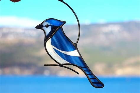 Stained Glass Blue Jay Bluejay Suncatcher Window Hanging Stained Glass Art Blue Jay Sun