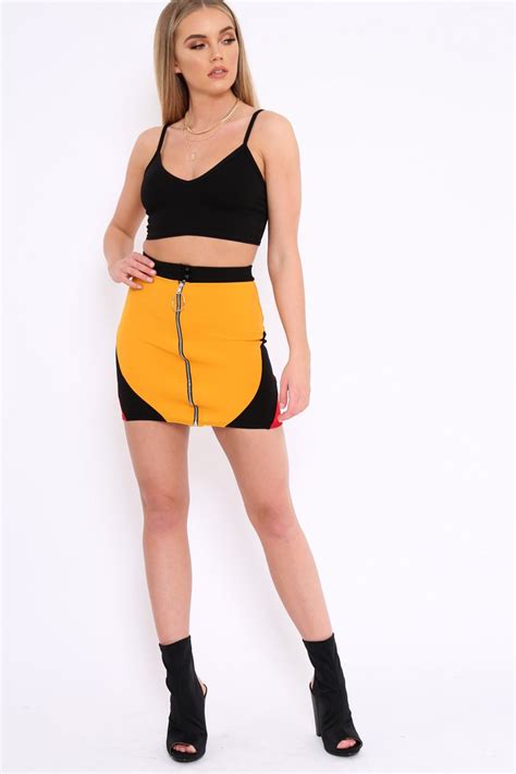 Mustard Black And Red Colour Block Zip Front Mini Skirt And Bralet Co