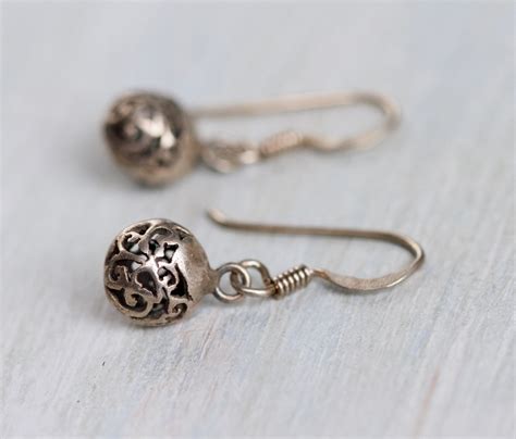 Filigree Dangle Ball Earrings Sterling Silver With Patina Etsy