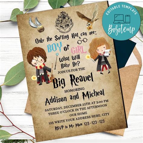 Harry Potter Gender Reveal Party Invitation Customizable DIY Bobotemp