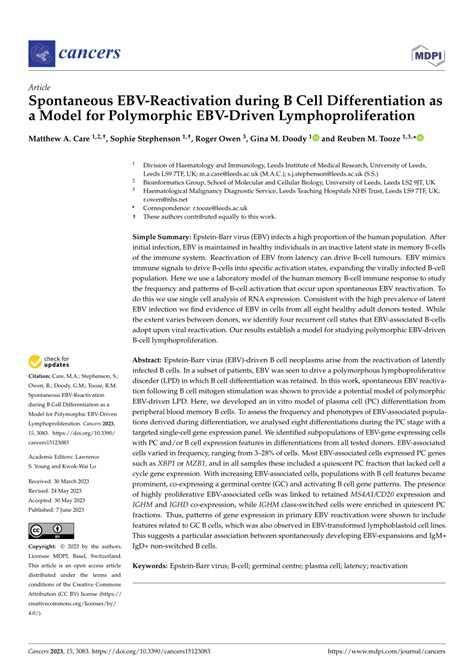 Pdf Spontaneous Ebv Reactivation During B Cell Differentiation As A