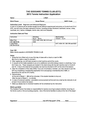 Fillable Online Tennis Lesson Application Form Nasa Goddard Tennis