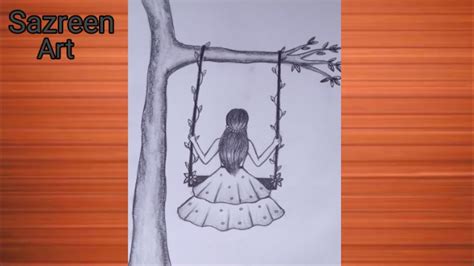 How To Draw A Girl Sitting On Swinging Sketch Step By Step Pencil