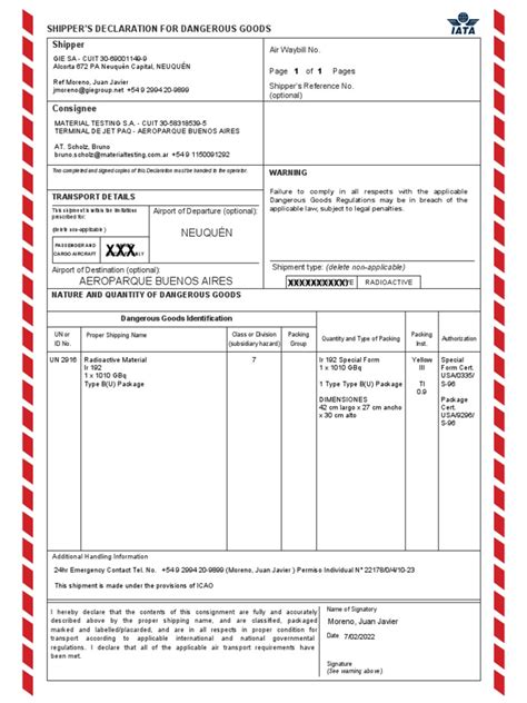 Shippers Declaration Column Format Fillable 7 02 22 Pdf Dangerous