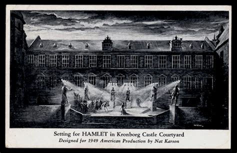 Setting for Hamlet in Kronborg Castle Courtyard designed by Nat Karson,1947. | Shakespeare's Staging