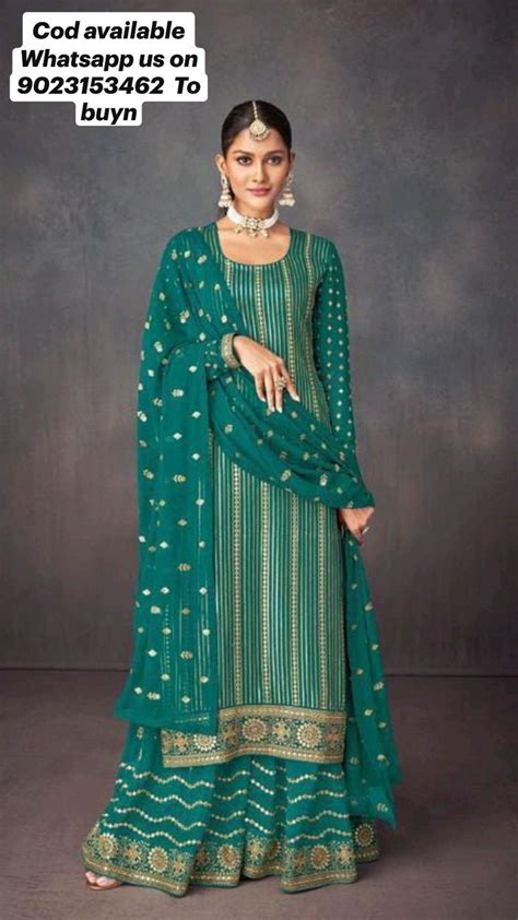 Sea Green Embroidered Georgette Sharara Suit Sharara Suit Utsav