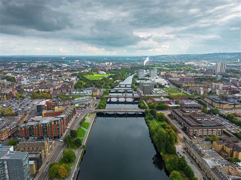 Aerial View Of River Clyde And Skyline Of Glasgow Scotland UK