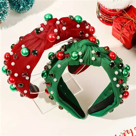 Christmas Knotted Headband For Women Faux Pearl Rhinestone Crystal