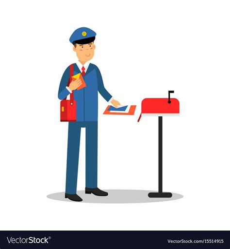 Postman In Blue Uniform Putting Letters In Mailbox