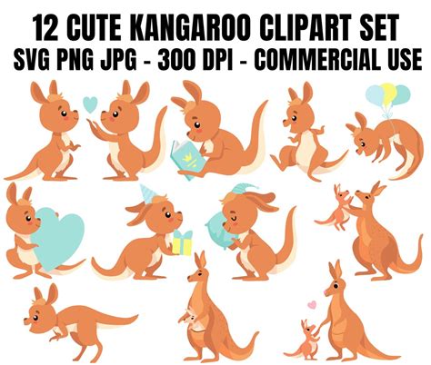 Cute Kangaroo Clipart Bundle Svg Png Pdf Kawaii Kangaroo Baby