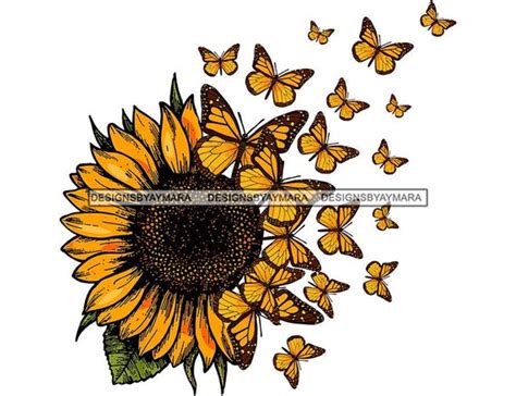 Beautiful Sunflower With Yellow And Black Butterflies Flying Etsy