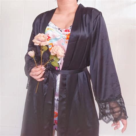 Black And Colorful Lingerie One Set Satin Kimonos With Slip Dress