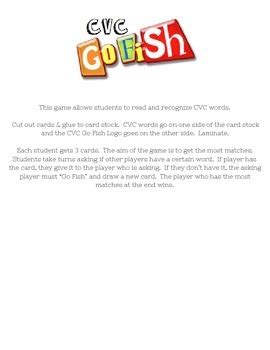 CVC Go Fish Game By Jamie Swigert TPT