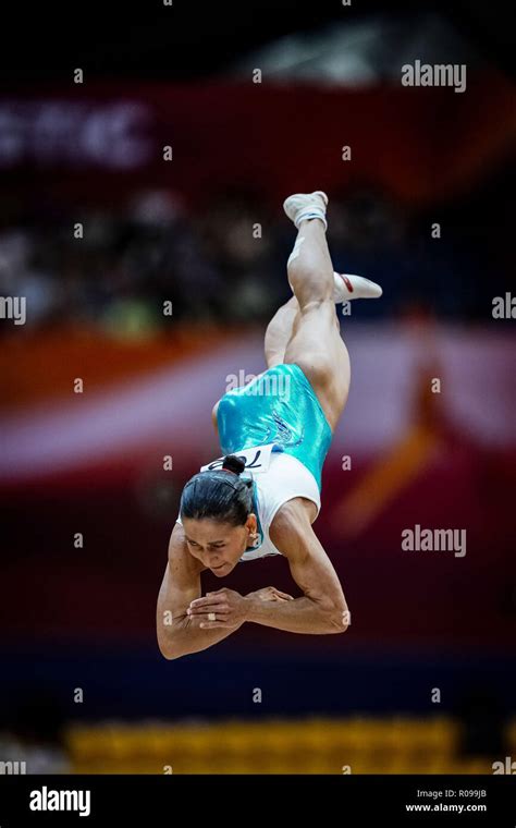 Doha, Qatar. November 2, 2018: Oksana Chusovitina of Uzbekistan during Vault for Women at the ...