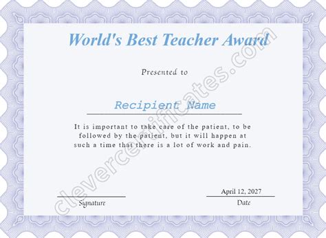 Editable Worlds Best Teacher Award Certificate