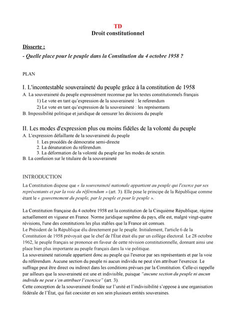 Dissertation Td Droit Constitutionnel Disserte Quelle Place Pour