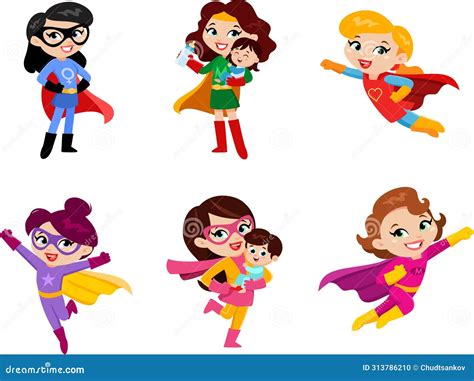 Super Hero Mom Cartoon Characters Vector Flat Design Collection Set