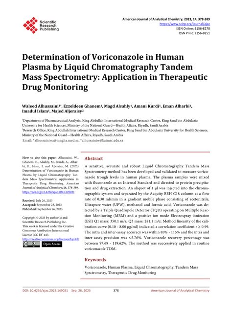 Pdf Determination Of Voriconazole In Human Plasma By Liquid