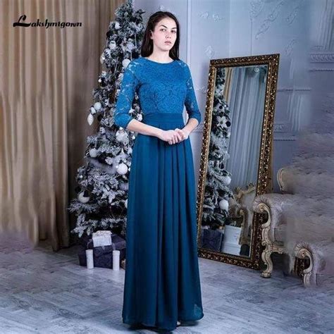 Blue Lace Mother Of The Bridal Dresses With Sleeves Modest Evening