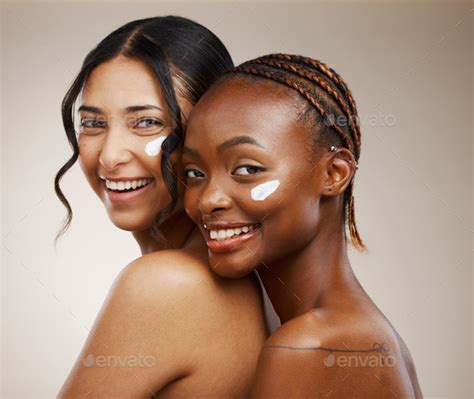 Women Cream On Face And Beauty With Diversity Friends And Inclusive