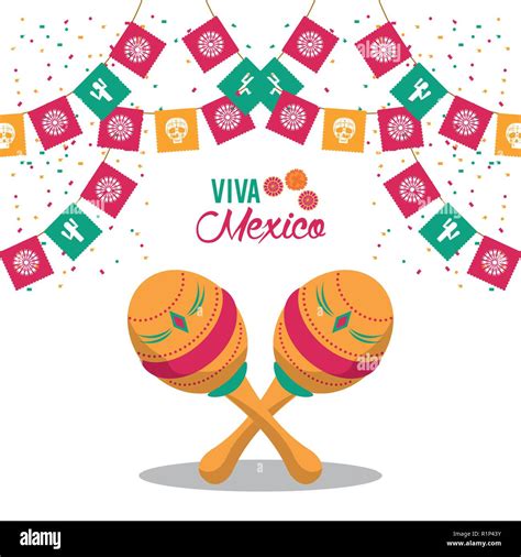 Mexican Mariachis Instruments Maracas And Pennants Vector Illustration