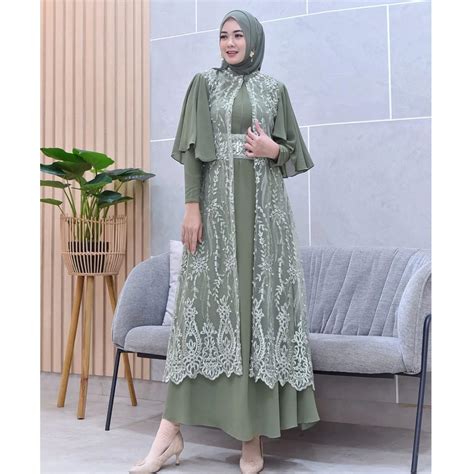 Jual Vallina Outfit Clarisa Maxy Dress Brokat Outer Pisahan Gamis