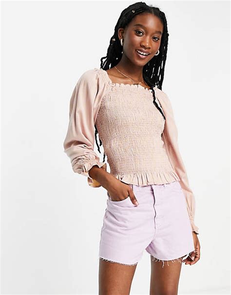 Pieces Shirred Puff Sleeve Top In Pale Pink Ditsy Floral Asos