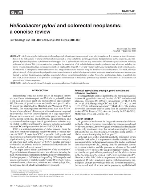 PDF Helicobacter Pylori And Colorectal Neoplasms A Concise Review