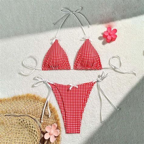 Women S Piece Gingham Bikini Bikini Set Triangle Bow Front Beachwear High Waisted Bathing Suit