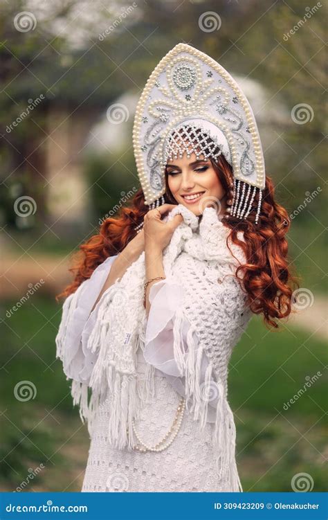 Stylish Russian Female In Traditional National Folk Dress Sundress And Slavic Headdress